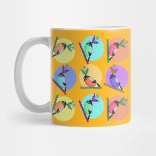 Birds of a feather flock together illustration with colorful pattern of woodland birds in silly daisy hats Mug